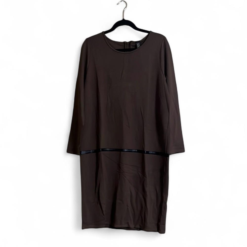 MarlaWynne Dress Sz L Shift Brown Long Sleeves Faux Leather Trim Closet Staple
